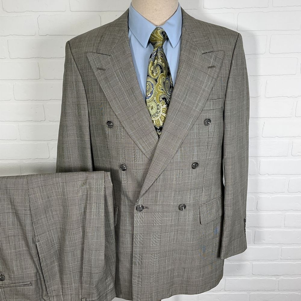 Geoffrey Beene Suit 42 33W 29L Black White Houndstooth Plaid Double Breasted 2pc